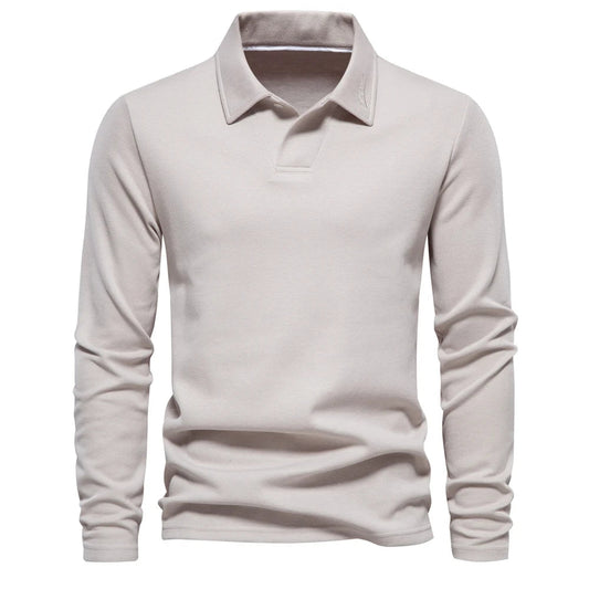 Men’s Long-Sleeve Knit Polo Shirt – Refined Open-Collar Top for Office and Smart Casual Wear