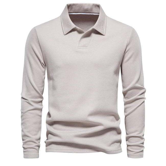 Men’s Long-Sleeve Knit Polo Shirt – Refined Open-Collar Top for Office and Smart Casual Wear