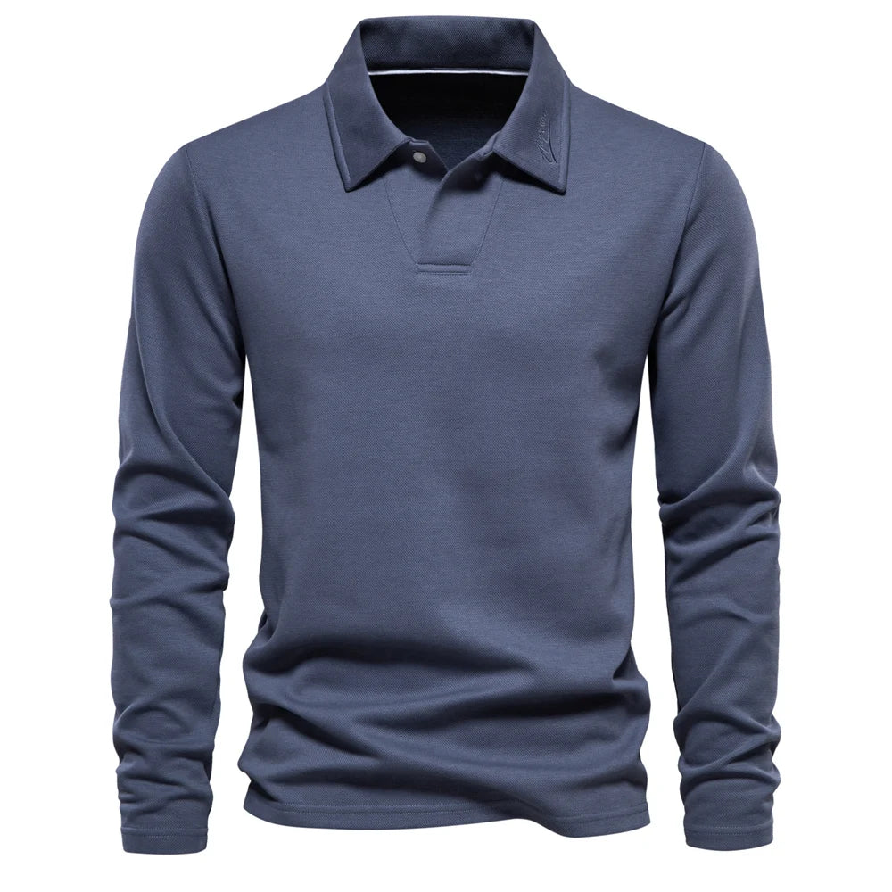 Men’s Long-Sleeve Knit Polo Shirt – Refined Open-Collar Top for Office and Smart Casual Wear