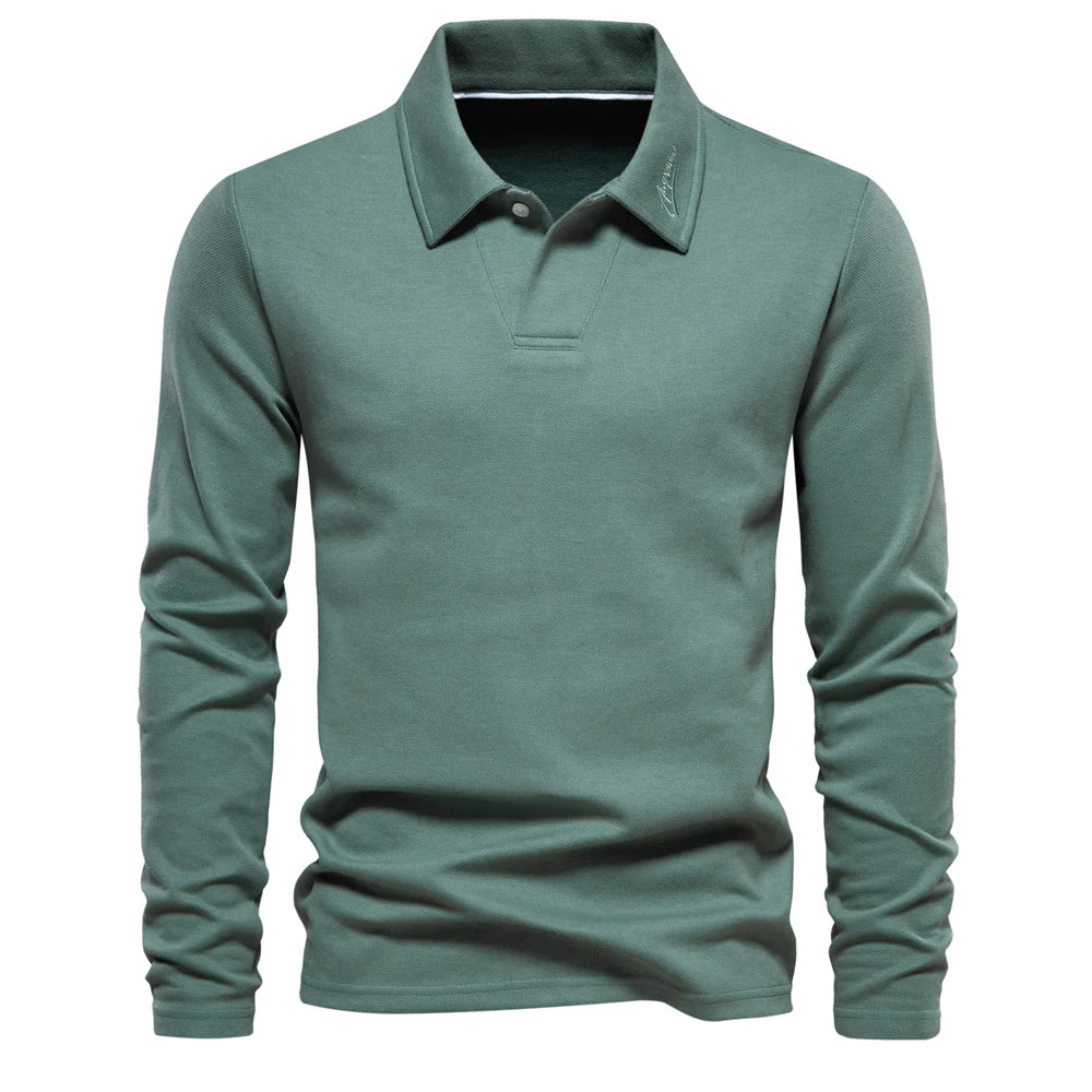 Men’s Long-Sleeve Knit Polo Shirt – Refined Open-Collar Top for Office and Smart Casual Wear
