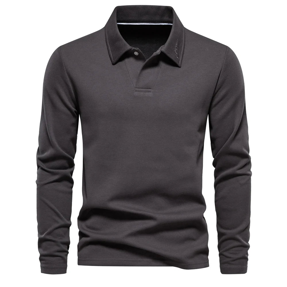 Men’s Long-Sleeve Knit Polo Shirt – Refined Open-Collar Top for Office and Smart Casual Wear