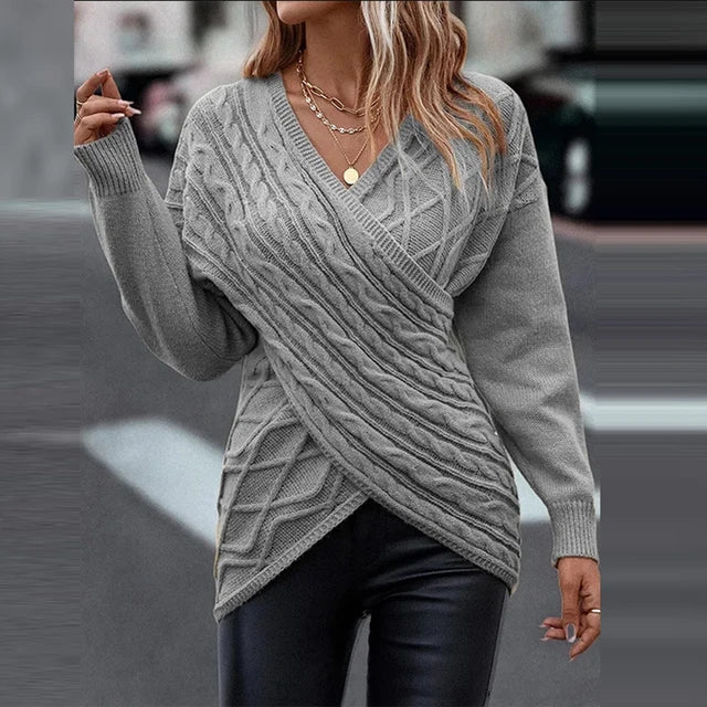 Women’s Wrap-Front Cable-Knit Sweater – V-Neck Longline Pullover for Elegant Winter Styling
