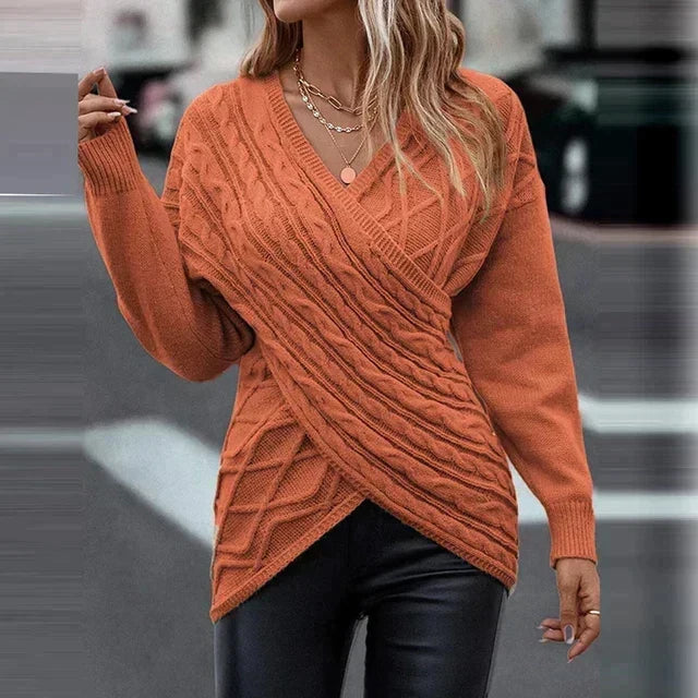 Women’s Wrap-Front Cable-Knit Sweater – V-Neck Longline Pullover for Elegant Winter Styling