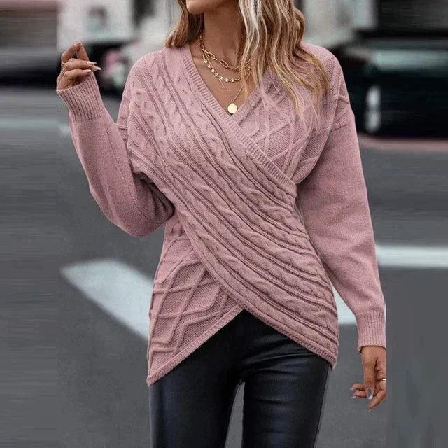 Women’s Wrap-Front Cable-Knit Sweater – V-Neck Longline Pullover for Elegant Winter Styling