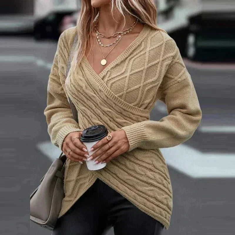 Women’s Wrap-Front Cable-Knit Sweater – V-Neck Longline Pullover for Elegant Winter Styling