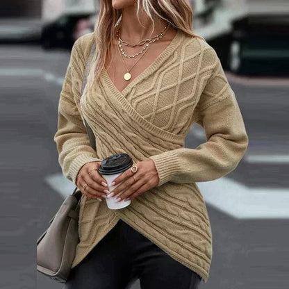 Women’s Wrap-Front Cable-Knit Sweater – V-Neck Longline Pullover for Elegant Winter Styling