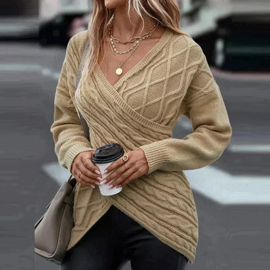 Women’s Wrap-Front Cable-Knit Sweater – V-Neck Longline Pullover for Elegant Winter Styling
