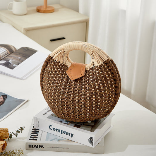 Women’s Handwoven Shell Beach Bag – Round Straw Tote with Circular Handle for Summer Days