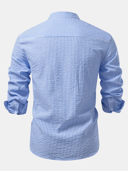 Men’s Lightweight Stand Collar Co-Ord – Seersucker Shirt with Linen Blend Trousers