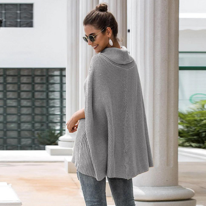 Women’s Roll-Neck Knit Poncho Sweater – Relaxed Cape-Style Layer for Cooler Days