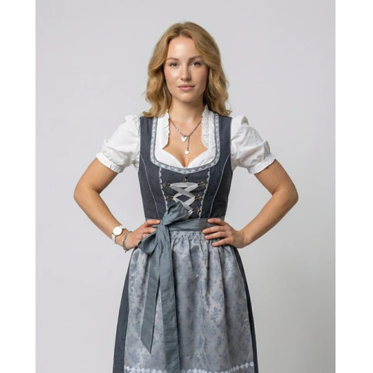 Women’s Classic Dirndl Midi Dress – Oktoberfest Style with Decorative Apron