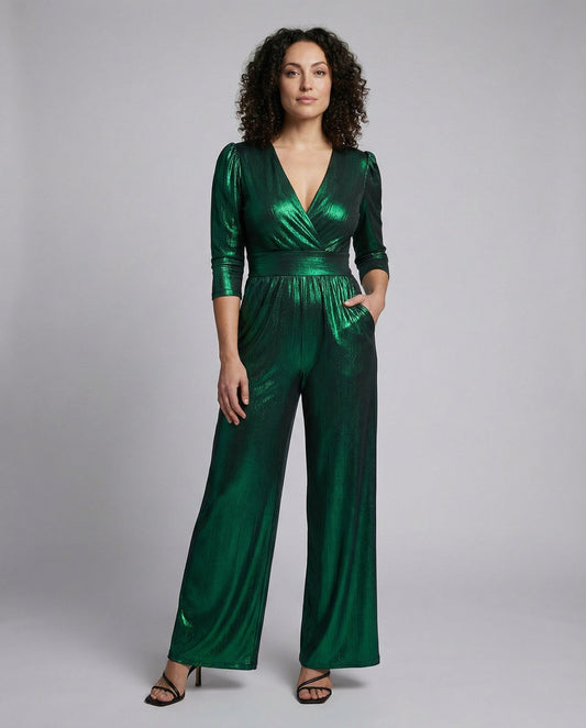 Women’s Metallic Wide-Leg Jumpsuit – Wrap-Front Evening Style for Parties and Formal Events