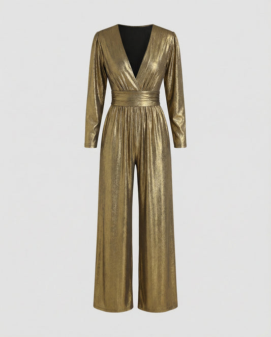 Women’s Metallic Wide-Leg Jumpsuit – Wrap-Front Evening Style for Parties and Formal Events