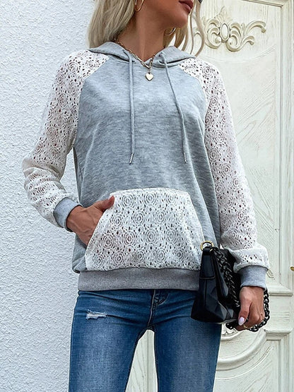 Women’s Lace-Sleeve Hoodie – Casual Drawstring Pullover with Crochet Panel Details