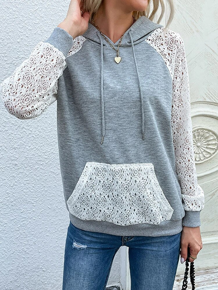 Women’s Lace-Sleeve Hoodie – Casual Drawstring Pullover with Crochet Panel Details