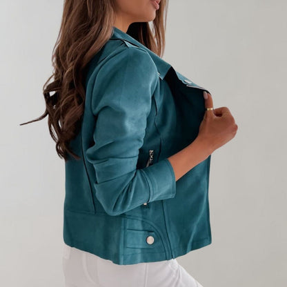 Women’s Cropped Biker Jacket – Asymmetric Zip with Lapel Collar