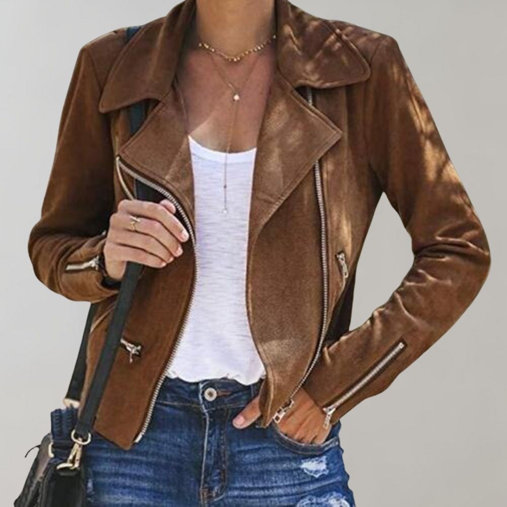 Women’s Cropped Biker Jacket – Asymmetric Zip with Lapel Collar