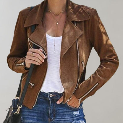 Women’s Cropped Biker Jacket – Asymmetric Zip with Lapel Collar