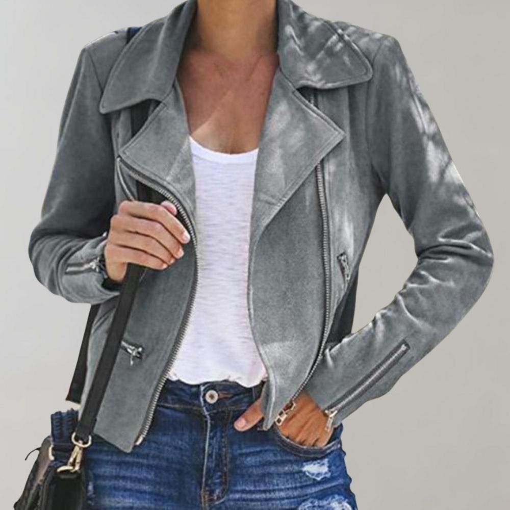 Women’s Cropped Biker Jacket – Asymmetric Zip with Lapel Collar