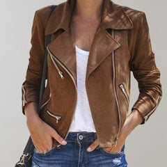 Women’s Cropped Biker Jacket – Asymmetric Zip with Lapel Collar
