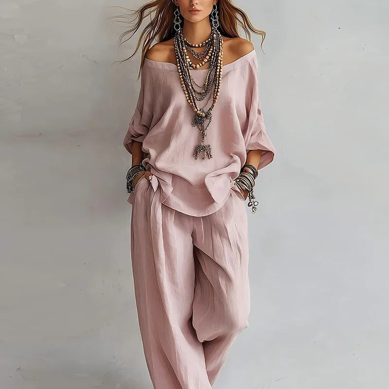 Women’s Resort Co-Ord Set – Breathable Off-Shoulder Top and Wide-Leg Trousers for Summer Holidays