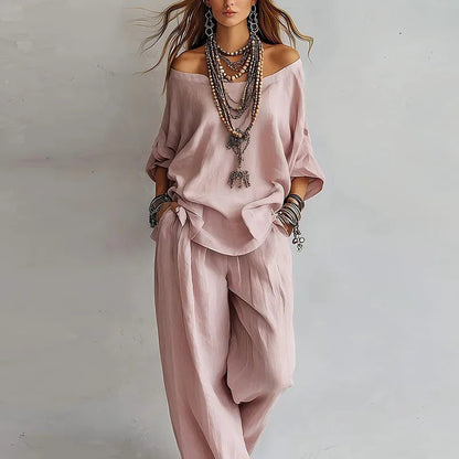 Women’s Resort Co-Ord Set – Breathable Off-Shoulder Top and Wide-Leg Trousers for Summer Holidays