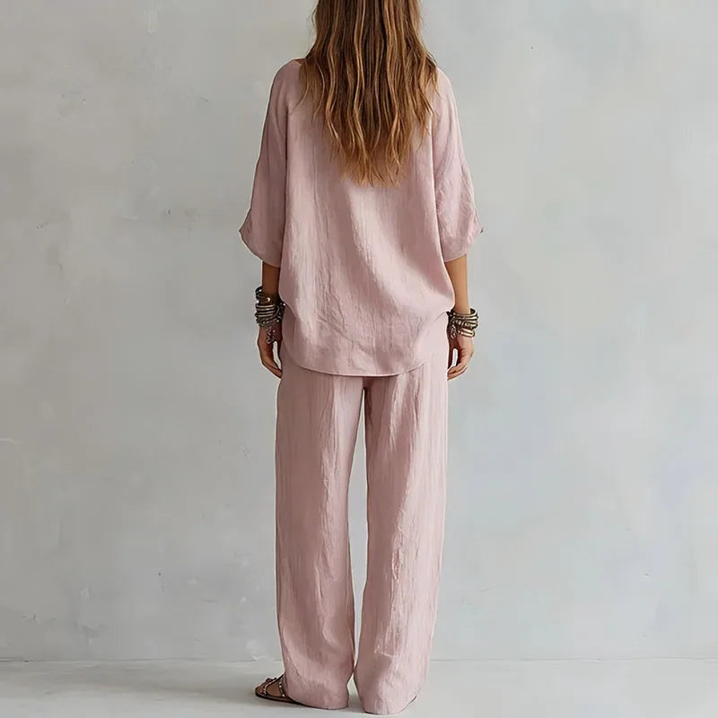 Women’s Resort Co-Ord Set – Breathable Off-Shoulder Top and Wide-Leg Trousers for Summer Holidays