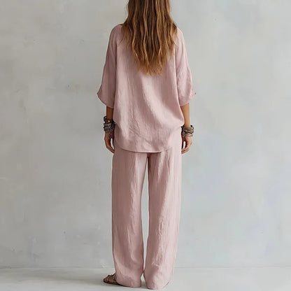 Women’s Resort Co-Ord Set – Breathable Off-Shoulder Top and Wide-Leg Trousers for Summer Holidays