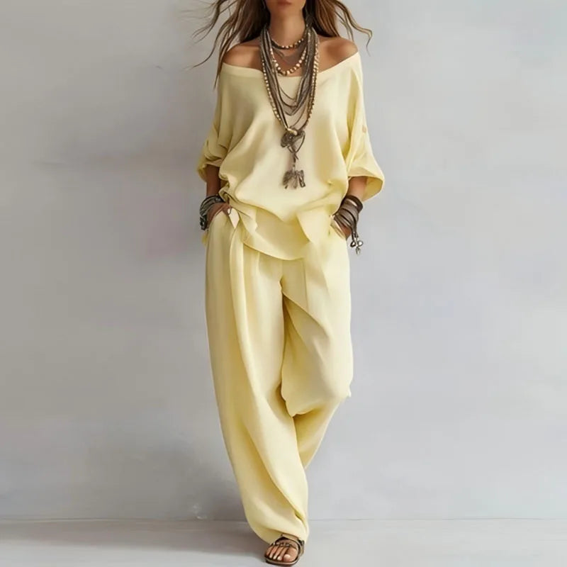 Women’s Resort Co-Ord Set – Breathable Off-Shoulder Top and Wide-Leg Trousers for Summer Holidays