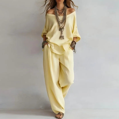 Women’s Resort Co-Ord Set – Breathable Off-Shoulder Top and Wide-Leg Trousers for Summer Holidays