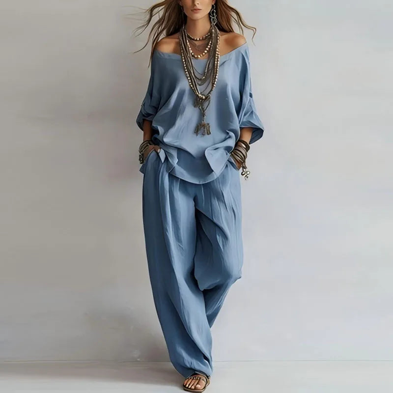 Women’s Resort Co-Ord Set – Breathable Off-Shoulder Top and Wide-Leg Trousers for Summer Holidays