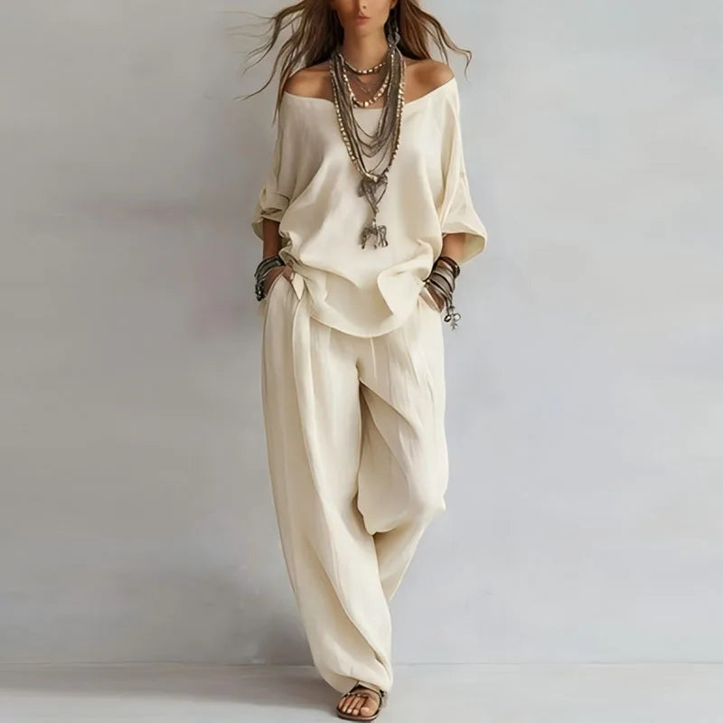Women’s Resort Co-Ord Set – Breathable Off-Shoulder Top and Wide-Leg Trousers for Summer Holidays