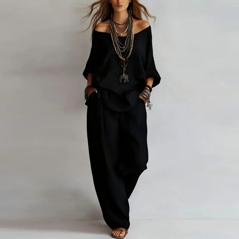 Women’s Resort Co-Ord Set – Breathable Off-Shoulder Top and Wide-Leg Trousers for Summer Holidays