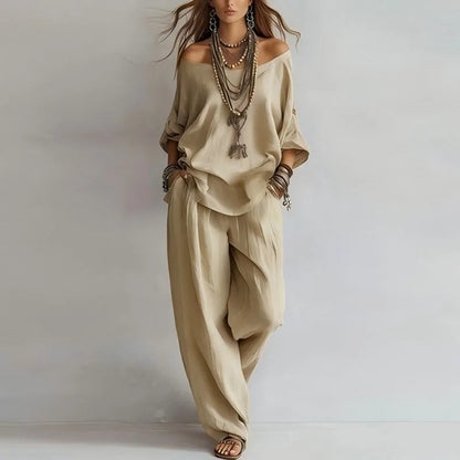 Women’s Resort Co-Ord Set – Breathable Off-Shoulder Top and Wide-Leg Trousers for Summer Holidays