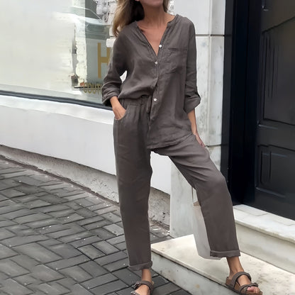Women’s Cotton-Linen Casual Co-Ord Set – Collarless Button-Up Shirt with Relaxed Tapered Trousers for Everyday Wear