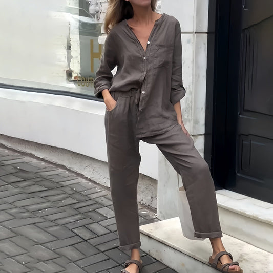 Women’s Cotton-Linen Casual Co-Ord Set – Collarless Button-Up Shirt with Relaxed Tapered Trousers for Everyday Wear