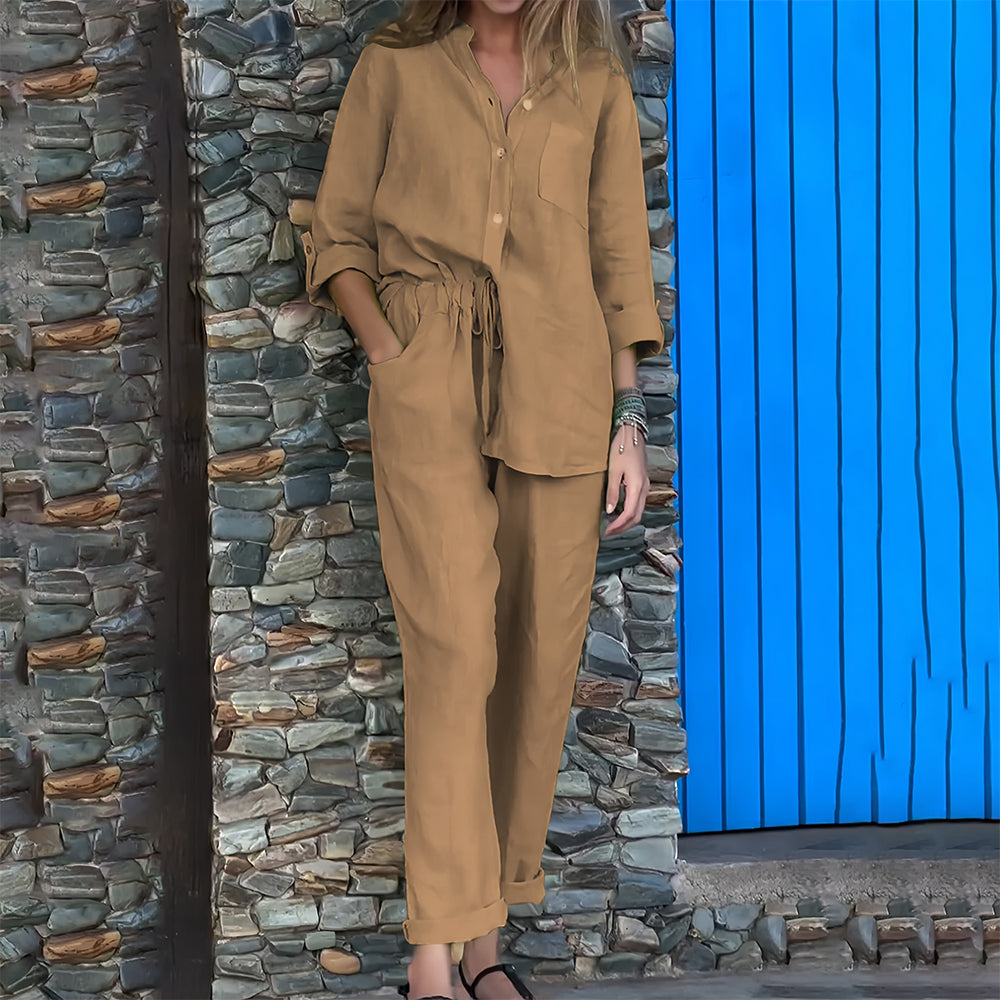 Women’s Cotton-Linen Casual Co-Ord Set – Collarless Button-Up Shirt with Relaxed Tapered Trousers for Everyday Wear