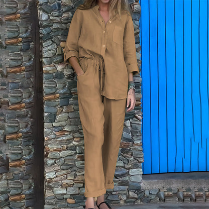 Women’s Cotton-Linen Casual Co-Ord Set – Collarless Button-Up Shirt with Relaxed Tapered Trousers for Everyday Wear