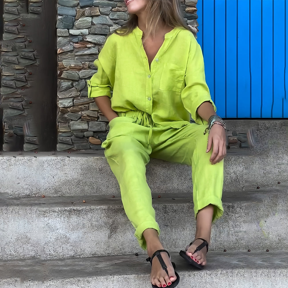 Women’s Cotton-Linen Casual Co-Ord Set – Collarless Button-Up Shirt with Relaxed Tapered Trousers for Everyday Wear