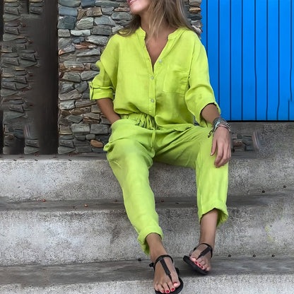 Women’s Cotton-Linen Casual Co-Ord Set – Collarless Button-Up Shirt with Relaxed Tapered Trousers for Everyday Wear