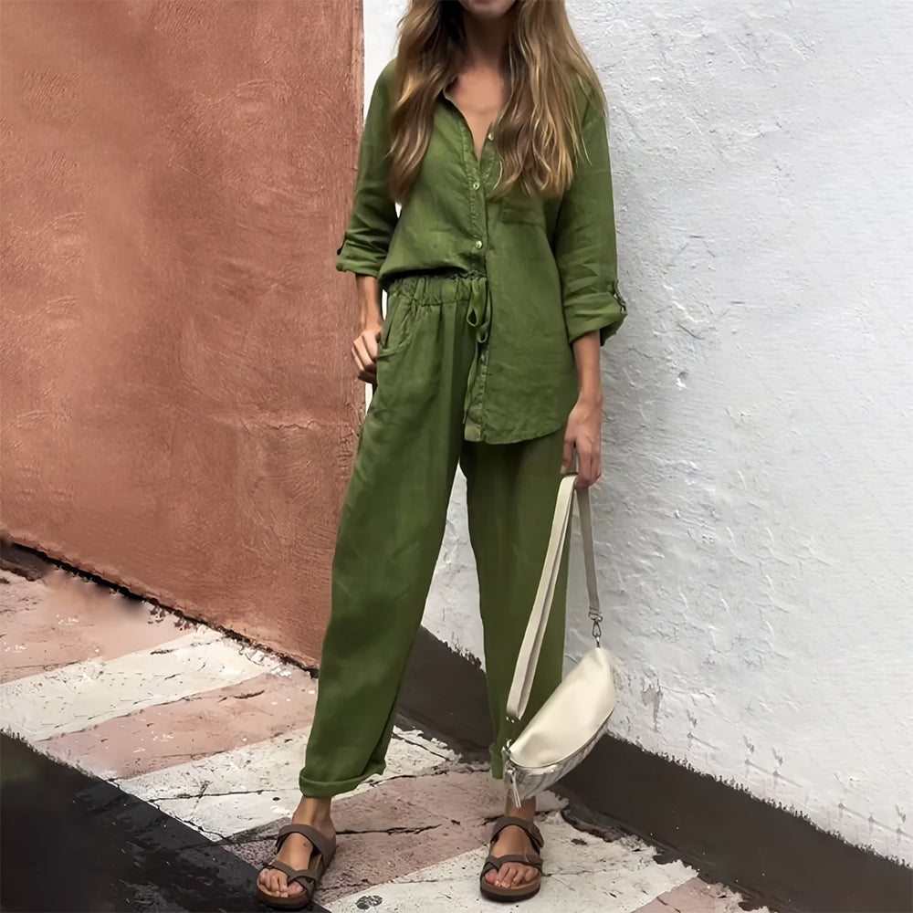 Women’s Cotton-Linen Casual Co-Ord Set – Collarless Button-Up Shirt with Relaxed Tapered Trousers for Everyday Wear