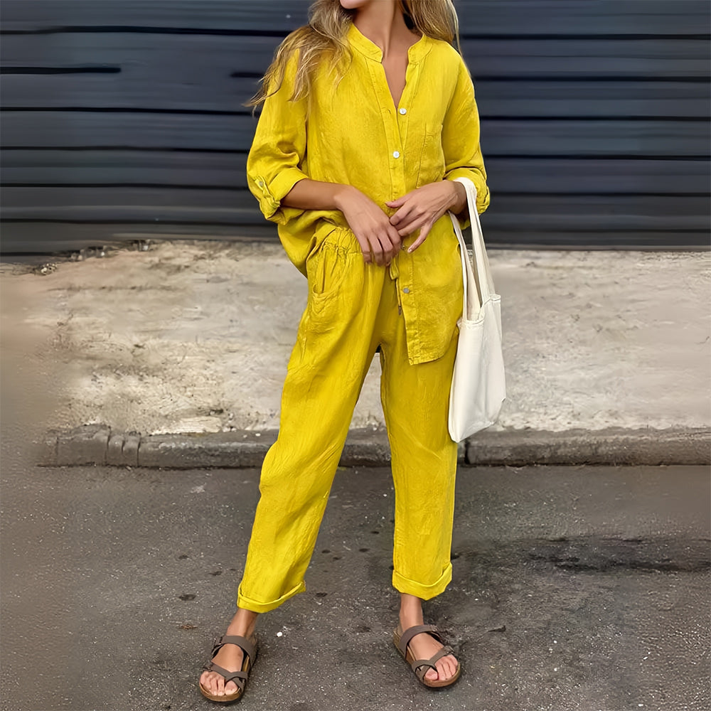 Women’s Cotton-Linen Casual Co-Ord Set – Collarless Button-Up Shirt with Relaxed Tapered Trousers for Everyday Wear