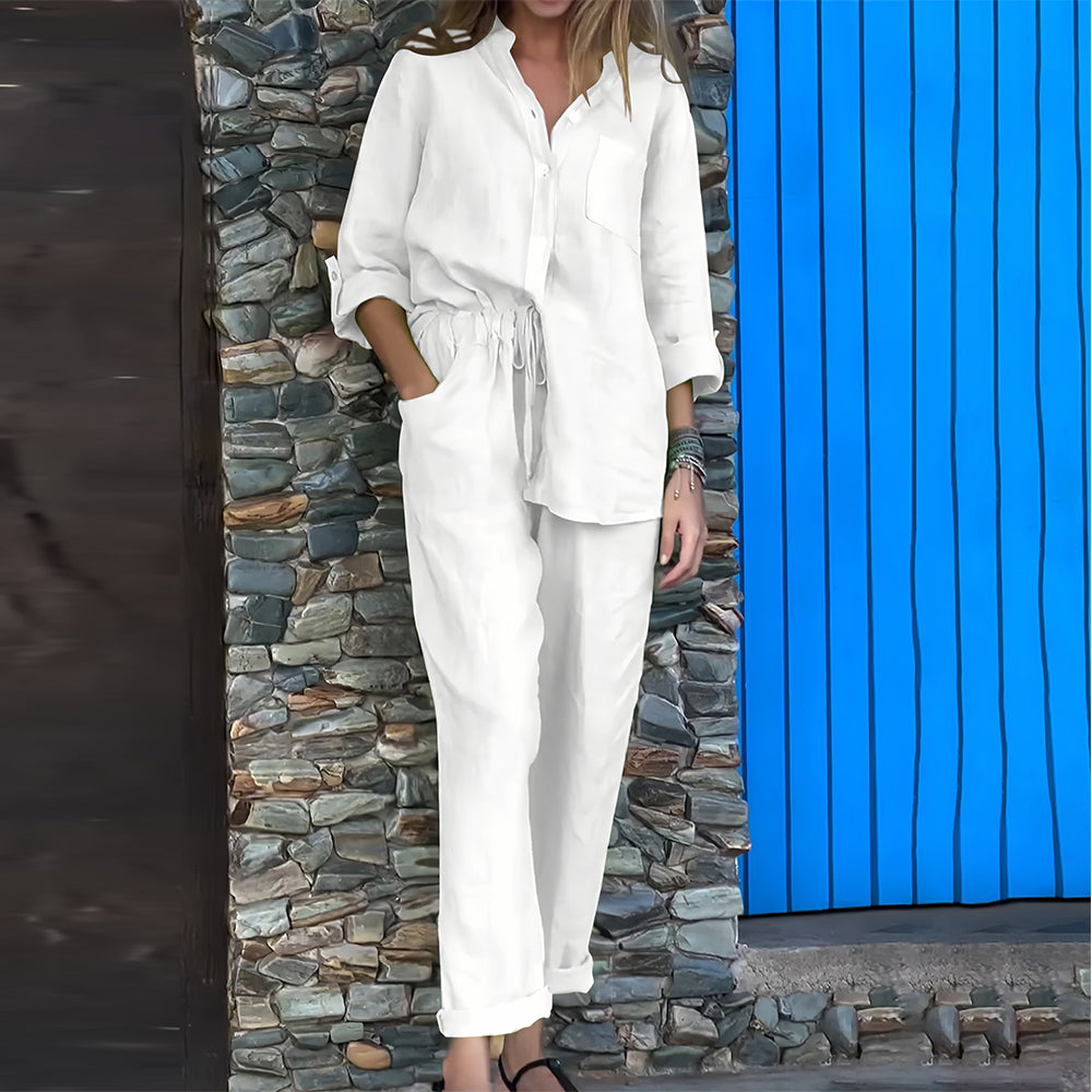 Women’s Cotton-Linen Casual Co-Ord Set – Collarless Button-Up Shirt with Relaxed Tapered Trousers for Everyday Wear