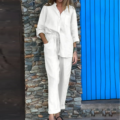 Women’s Cotton-Linen Casual Co-Ord Set – Collarless Button-Up Shirt with Relaxed Tapered Trousers for Everyday Wear