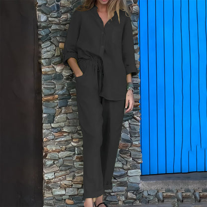 Women’s Cotton-Linen Casual Co-Ord Set – Collarless Button-Up Shirt with Relaxed Tapered Trousers for Everyday Wear