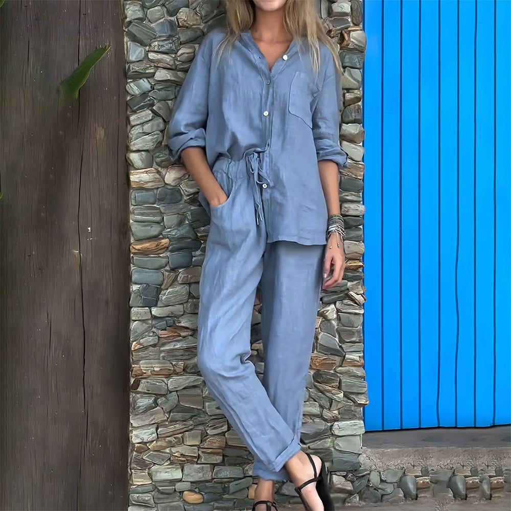 Women’s Cotton-Linen Casual Co-Ord Set – Collarless Button-Up Shirt with Relaxed Tapered Trousers for Everyday Wear