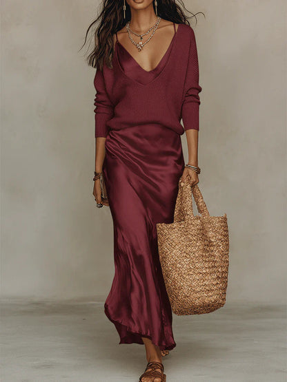 Women’s Satin Midi Slip Dress and Jumper Set – Versatile Day to Evening Layering Outfit