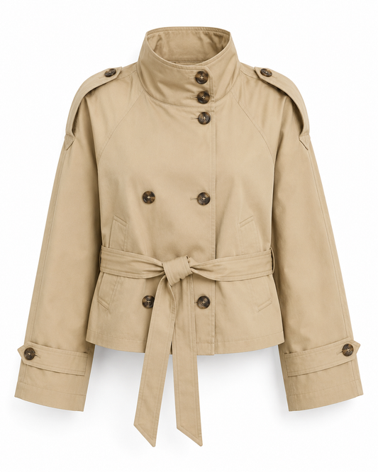 Women’s Cropped Trench Jacket – Double-Breasted Belted Layer for Smart Daywear