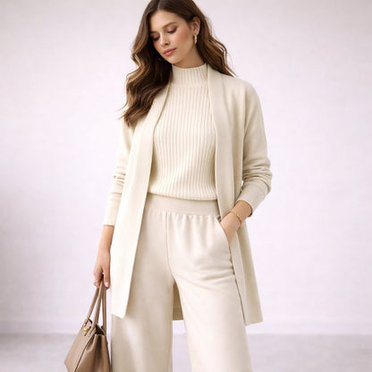 Women’s Soft Knit Travel Set – Three-Piece High-Neck Top Wide-Leg Trousers and Longline Cardigan