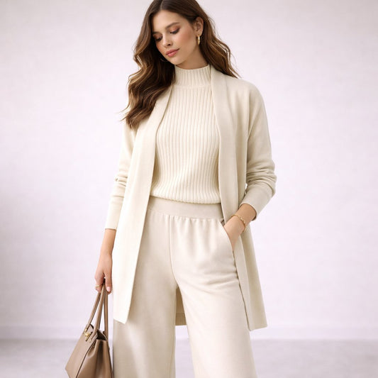 Women’s Soft Knit Travel Set – Three-Piece High-Neck Top Wide-Leg Trousers and Longline Cardigan